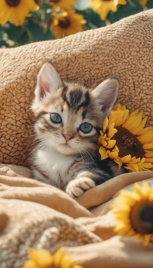 A small, cute kitten with Pisces zodiac sign pattern lounging lazily in a bed of sunflowers during a sunny afternoon.