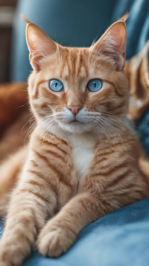 Un gatto soriano arancione con gli occhi azzurri seduto su un cuscino blu.