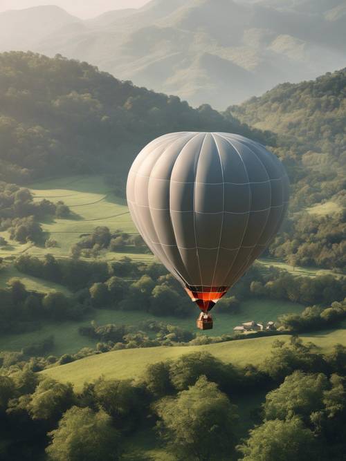Um balão de ar quente cinza claro flutuando acima de um vale exuberante e pitoresco.