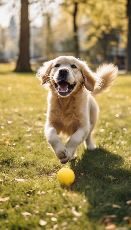 A playful golden retriever puppy happily chasing a frisbee in a sunny park. Tapeta [9a39a483745041f382b0]