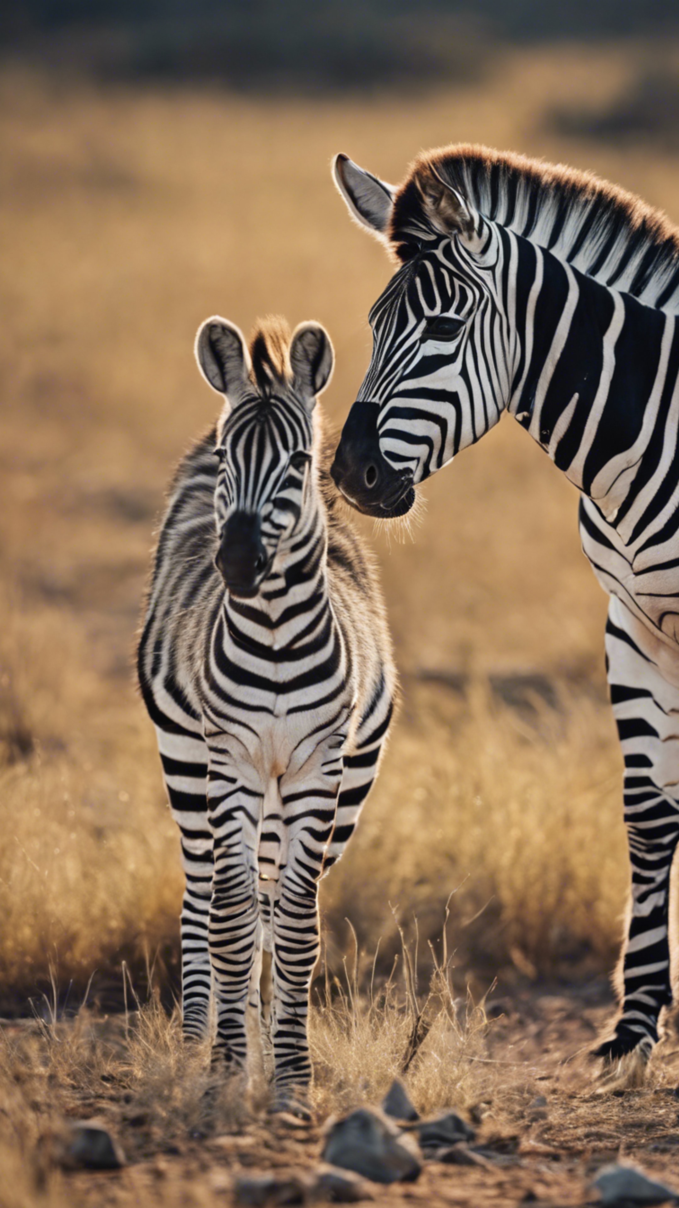 An adult zebra protectively standing over its newborn in the beautiful wild. Wallpaper[8c6d6e6d73ee4968a49c]