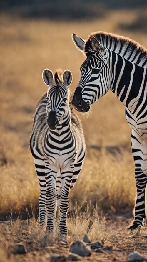 An adult zebra protectively standing over its newborn in the beautiful wild.
