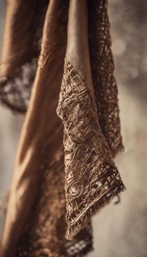 Una delicada bufanda de seda marrón de tejido intrincado que se balancea suavemente sobre un gancho antiguo.