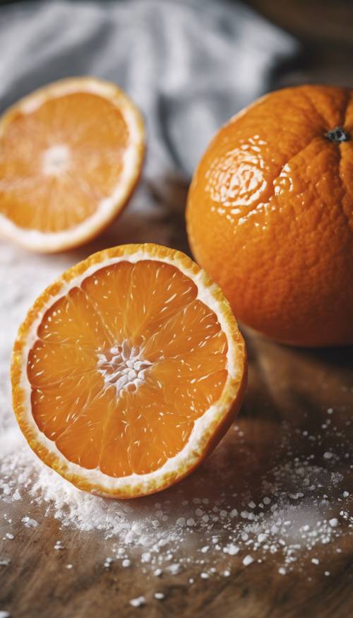 A juicy sliced orange with white pulp on a wooden kitchen table.