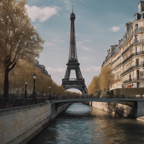 Eine detaillierte Stadtansicht von Paris mit dem Eiffelturm, der Seine und wunderschön beleuchteten historischen Gebäuden.