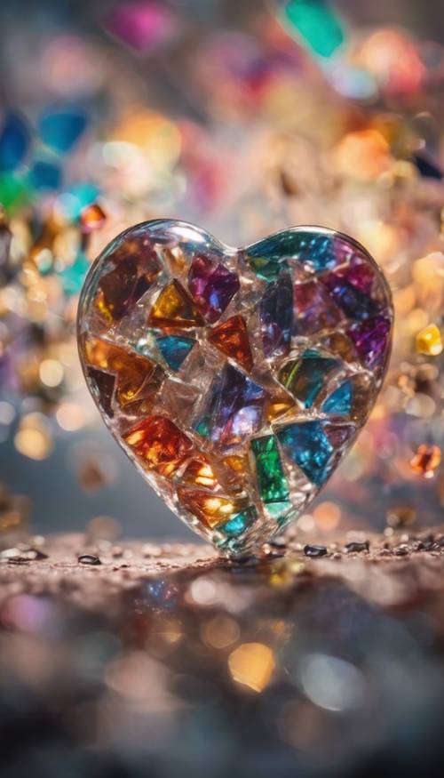 A heart-shaped glass object that is beautifully shattered into tiny pieces, catching light in a prism of colors. Taustakuva [92bc7926d0764dcc8ec8]