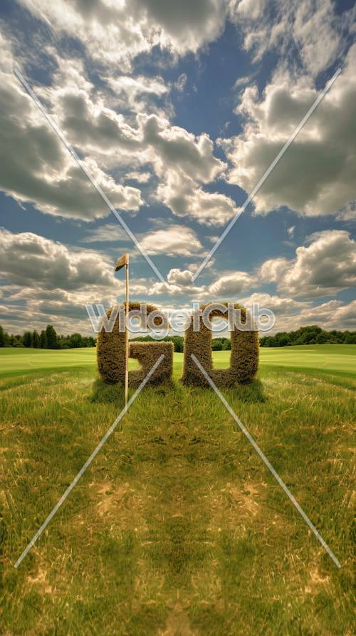 Campo de golf soleado con arte de seto gigante GO