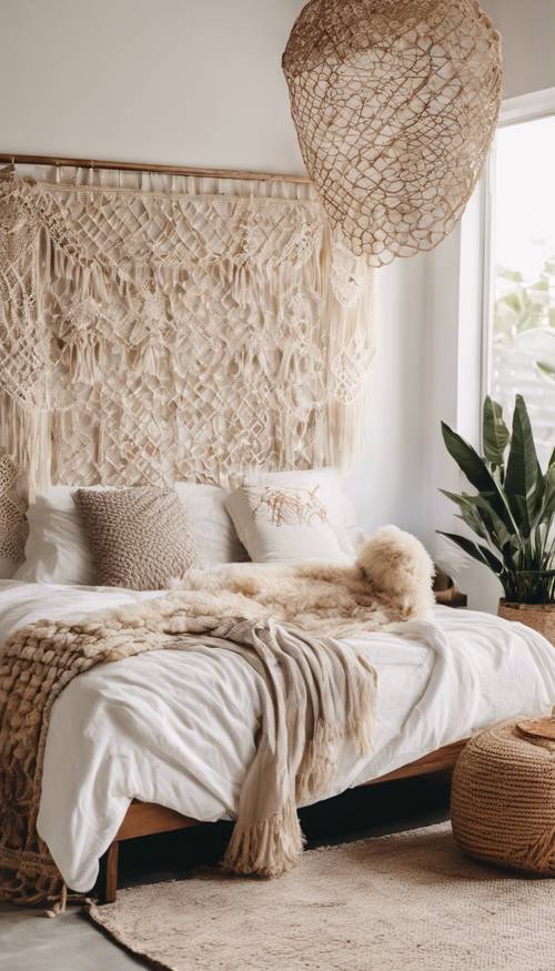 Un dormitorio boho moderno con paredes de color blanco cremoso, un gran colgante de pared de macramé y un marco de cama de ratán.