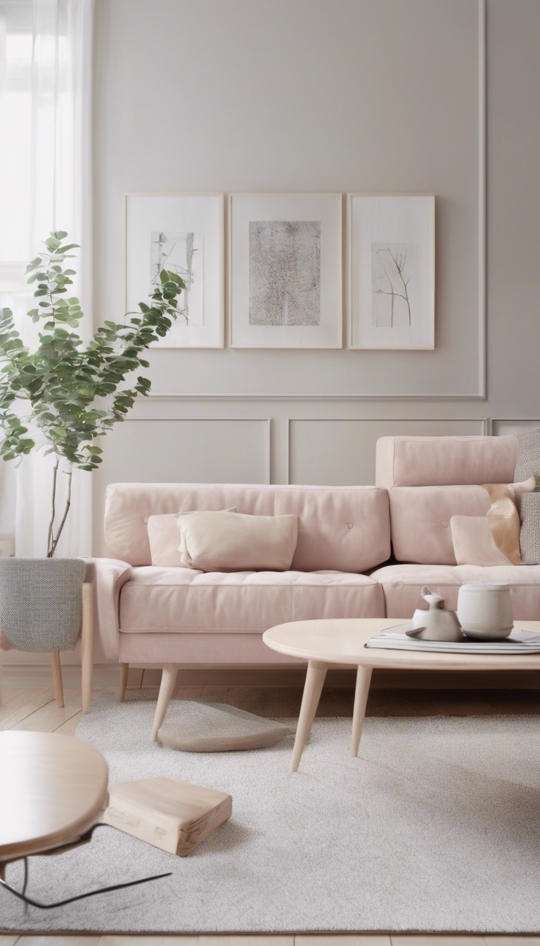 Pastel-colored Danish design furniture inside a minimalist Nordic living room. Kertas dinding[b2a50a1903274d8888e8]