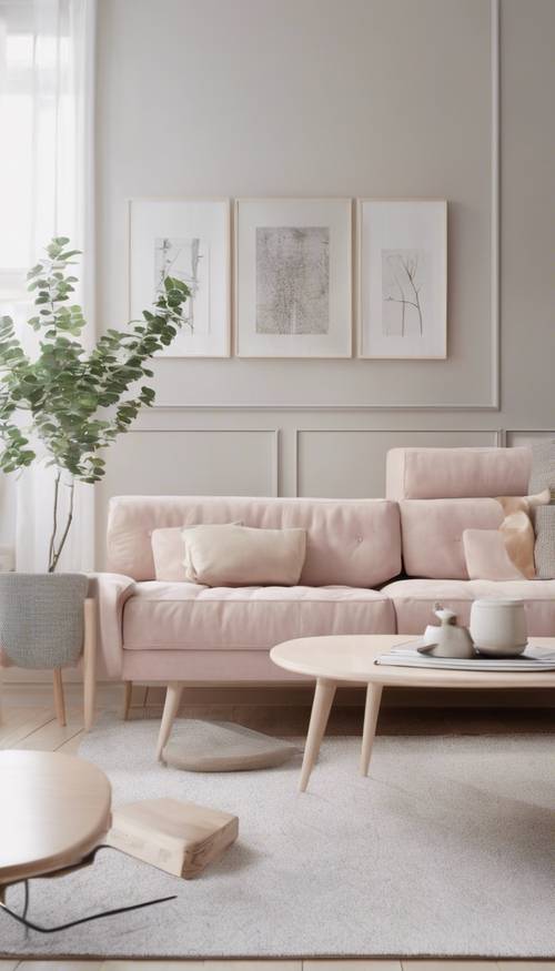 Minimalist bir İskandinav oturma odasının içinde pastel renkli Danimarka tasarım mobilyaları.
