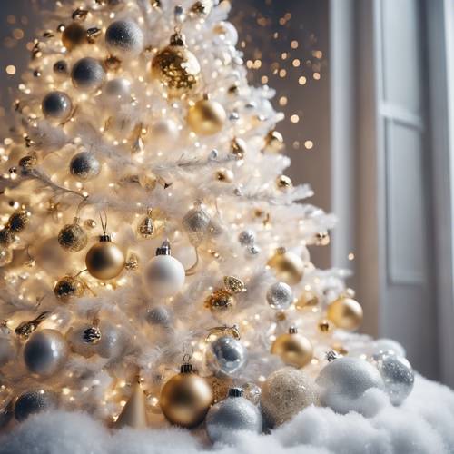 一棵雪白的圣诞树，用闪闪发光的金色饰品精心装饰。