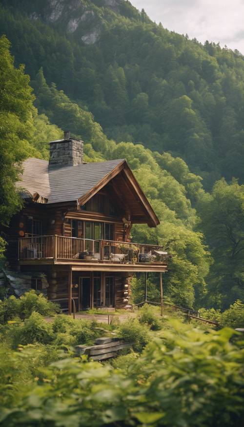 Ein klarer Blick auf eine Berghütte, die in der Sommersaison von üppigem Grün umgeben ist.
