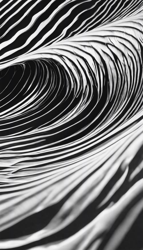 Um esboço abstrato em preto e branco da forma de uma onda, com foco na intrincada interação de luz e sombra.