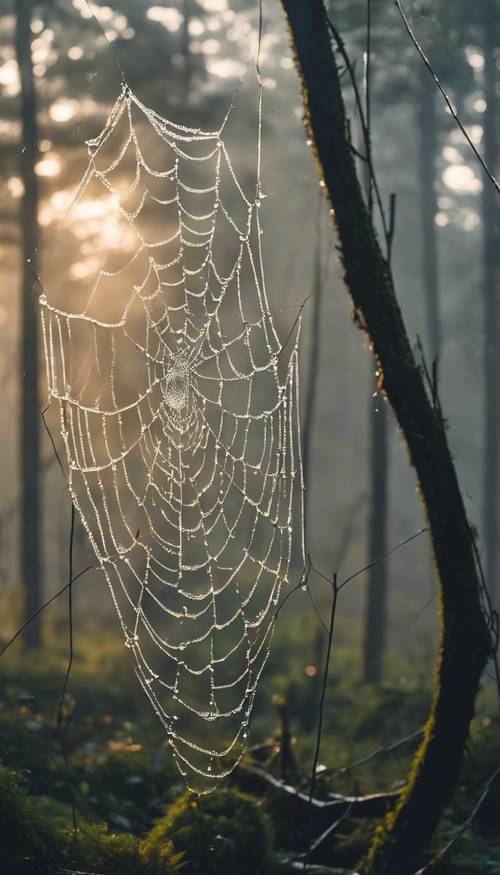 Şafak vakti serin, sisli bir orman, örümcek ağlarına yapışan çiy damlaları.