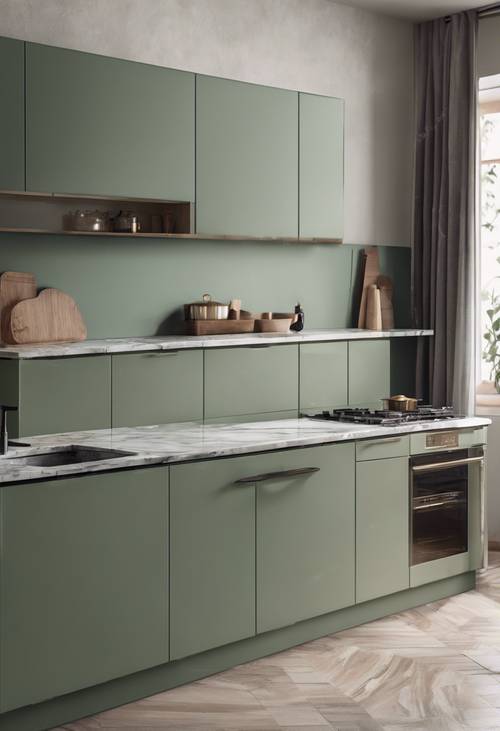 Una cucina trendy e minimalista con mobili verde salvia e piano di lavoro in marmo.