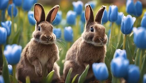 A whimsical garden with blue tulips, dainty brown rabbits hopping about.