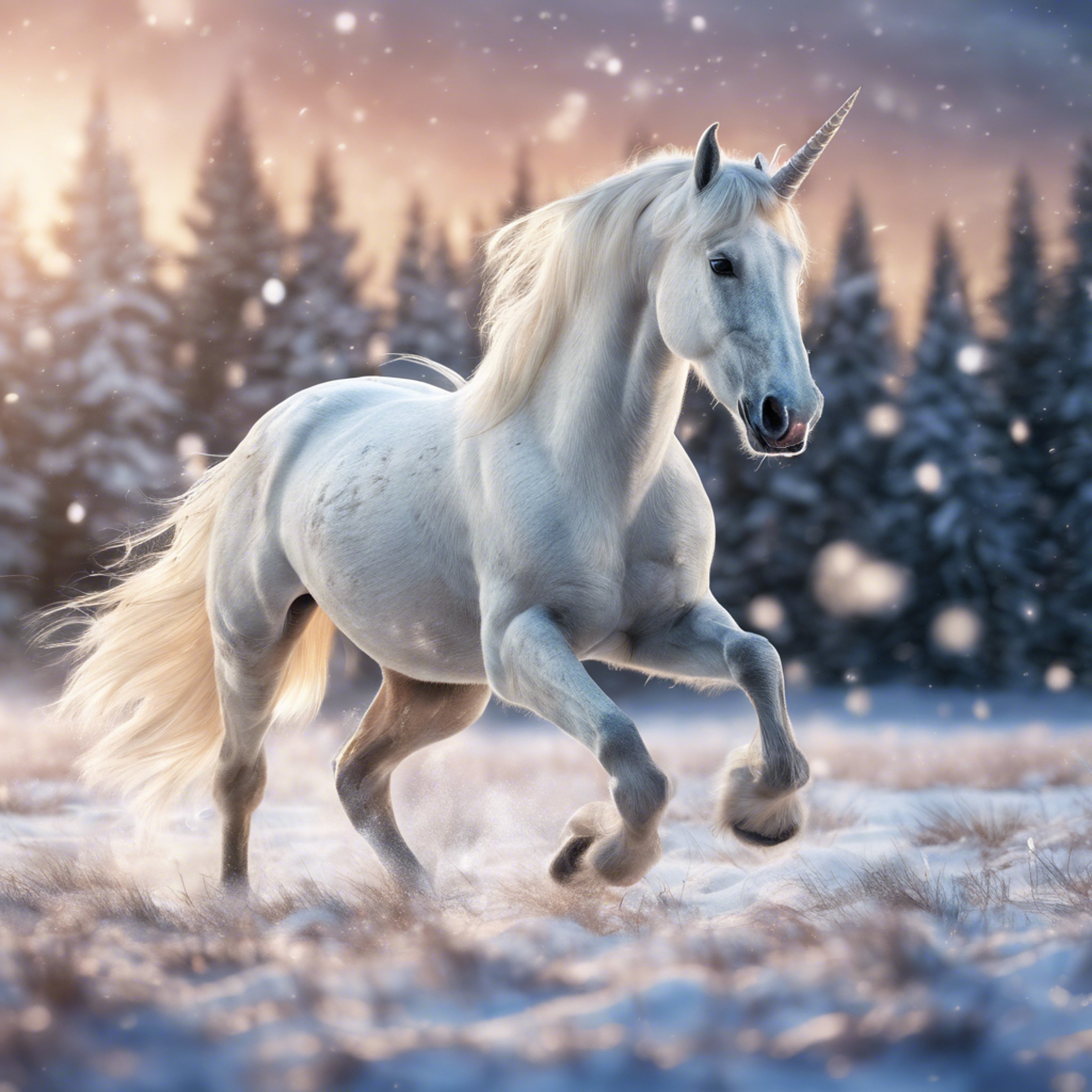 A dreamy image of a regal white unicorn galloping across a snow-covered meadow under the Northern lights.壁紙[4941f8504a9c44cebaa2]