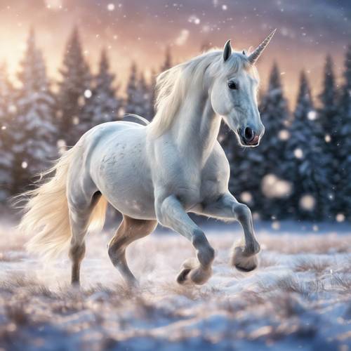 A dreamy image of a regal white unicorn galloping across a snow-covered meadow under the Northern lights.