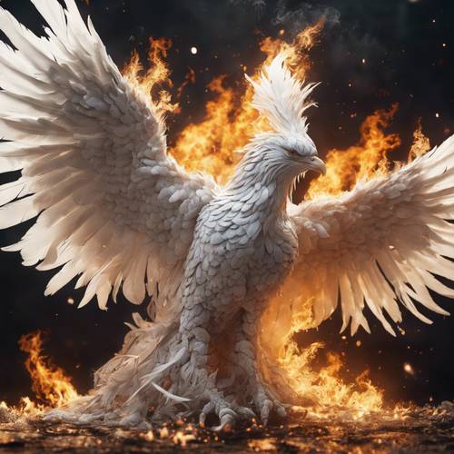 A white-feathered Phoenix engulfed in flames, being reborn from its own ashes.