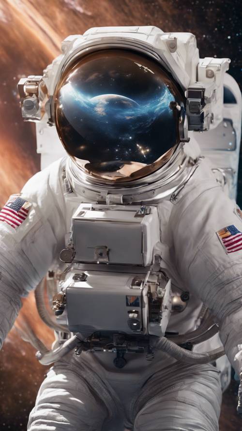 Un astronauta fluttua pacificamente verso Andromeda, con la Terra visibile sullo sfondo.