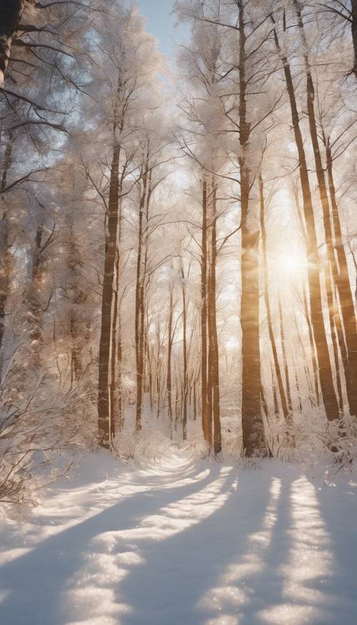 A snow-covered forest glittering under the golden afternoon sun Tapeta [519b84fb7e11447b9be9]