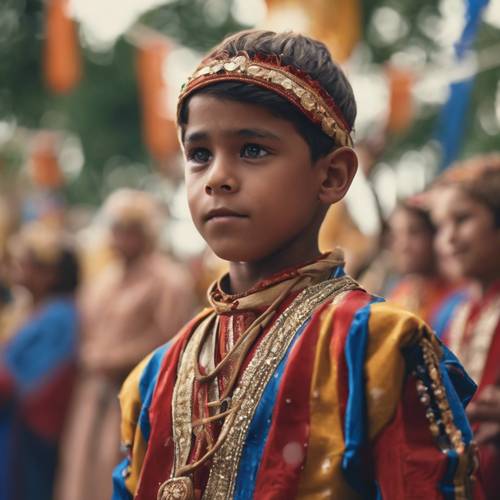 Participation of a boy in a traditional dance at a cultural festival.