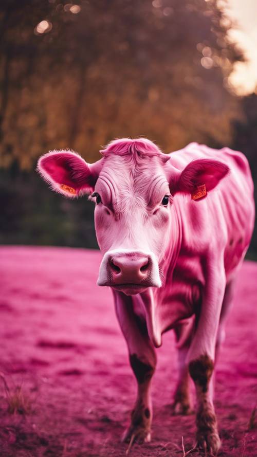 Una vaca rosa vibrante con divertidas manchas negras, de pie frente a una serena puesta de sol.