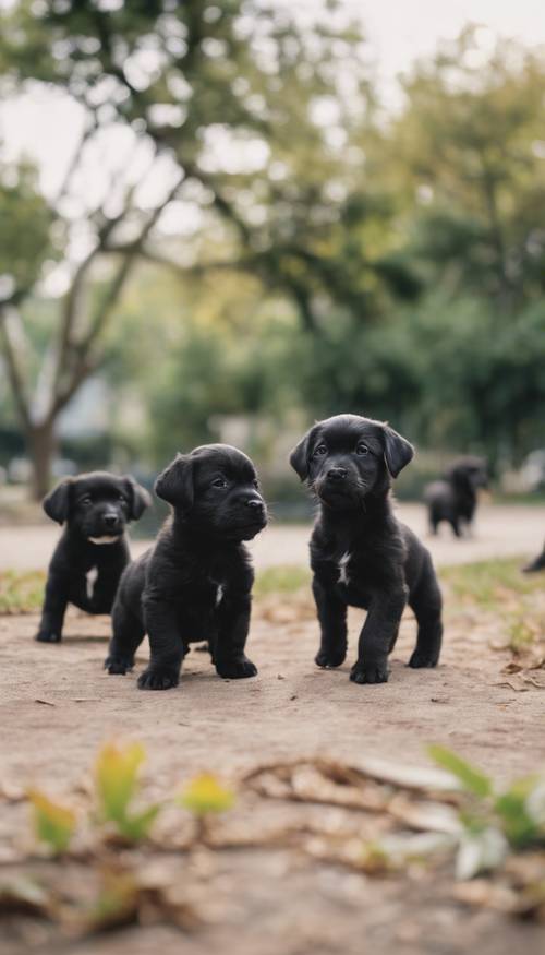 A group of black, kawaii puppies happily playing in the park. Wallpaper [15294926c00a4365b713]