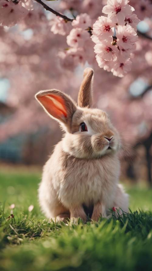An adorable beige bunny wearing a red bow on its head, seated in a green field under a pink cherry blossom tree.