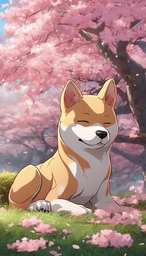 Uma foto comovente de um cachorrinho Shiba Inu em estilo anime, tirando uma soneca sob uma cerejeira.