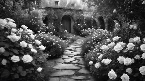 An enchanting walkway in a fairytale garden, full of wild roses, captured in high contrast black and white.