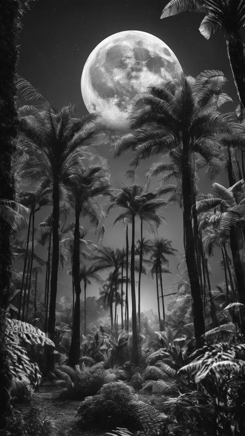A surreal, black and white striped rainforest under a full moon.