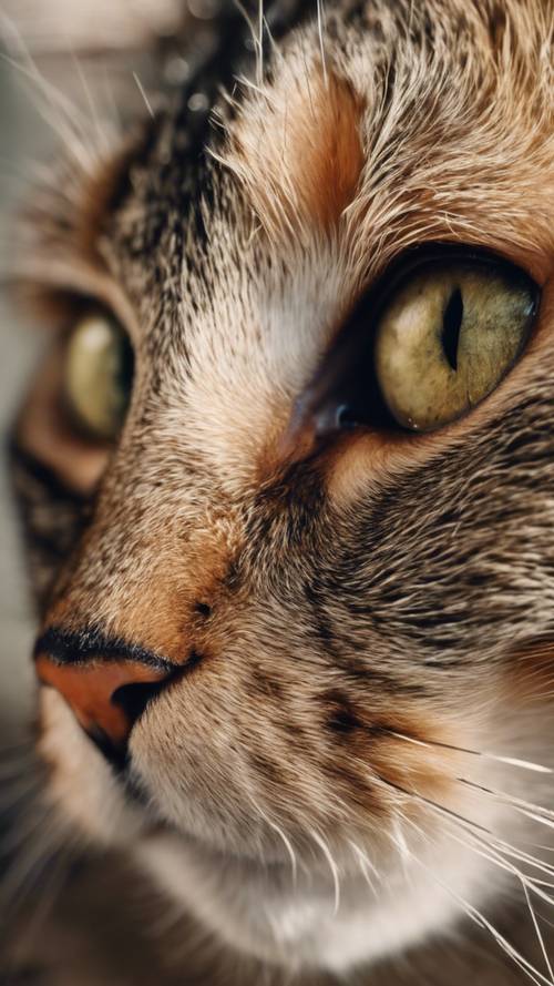 Eine detaillierte Nahaufnahme des Gesichts einer jungen Katze mit Augen, die einen weisen, wissenden Ausdruck zeigen.