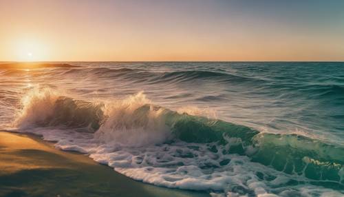 Uma vista panorâmica de um oceano ao pôr do sol, com a parte superior sendo um azul celeste claro que se transforma em verde-sálvia.