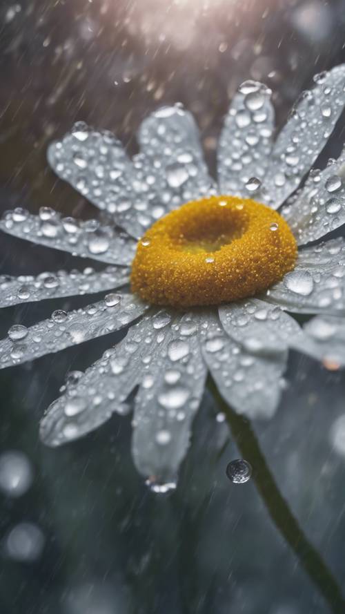 放大後，可以看到精緻的雛菊花瓣被柔軟的雨滴覆蓋。