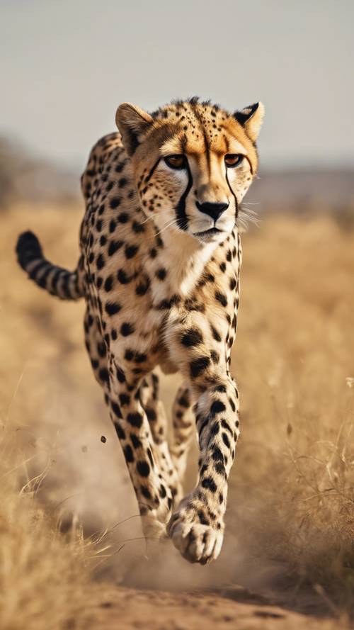 一只光滑的猎豹在阳光普照的非洲大草原上奔跑，它的皮毛上布满了标志性的黑色和黄褐色斑点。