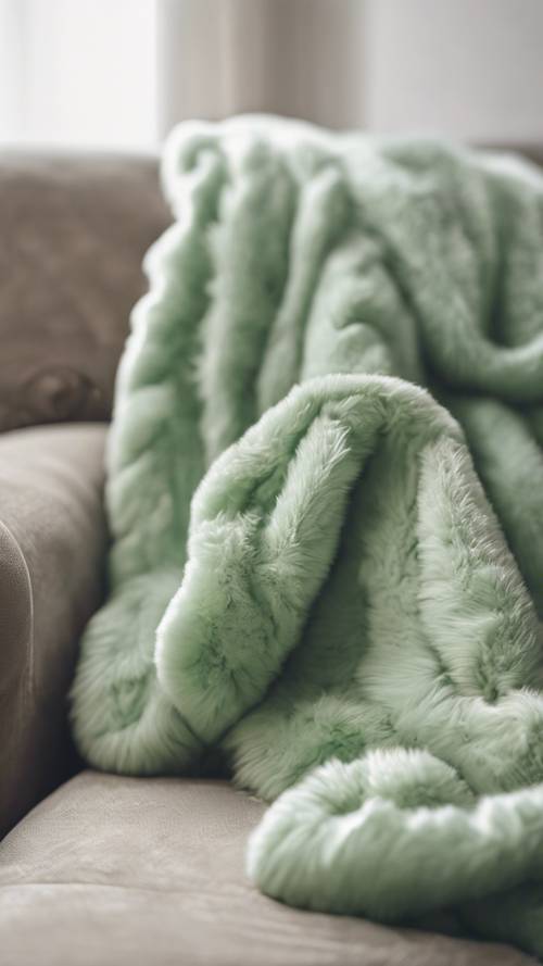 A soft fluffy light green blanket on a cozy couch.