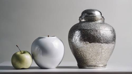 Düz beyaz bir fon üzerinde gümüş bir elma ve beyaz bir porselen vazoyu tasvir eden bir natürmort tablosu.