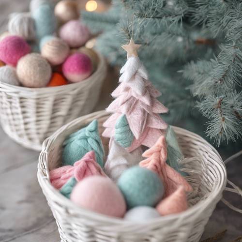 Un ensemble de décorations d&#39;arbre de Noël en feutre pastel dans un panier en osier blanc.