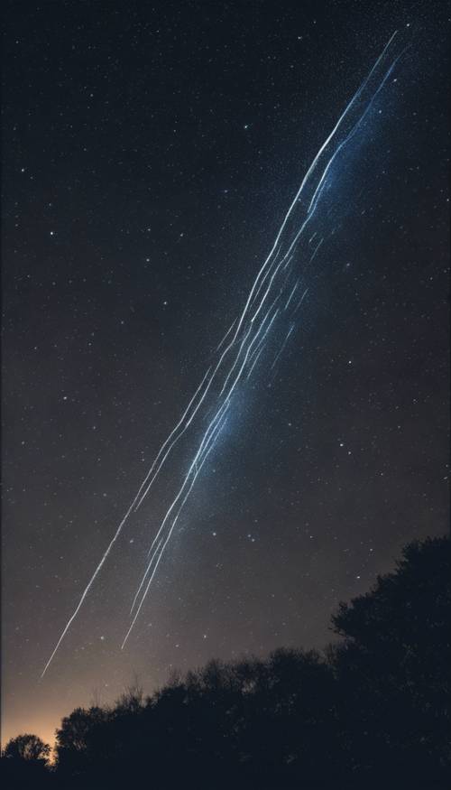 Uma exibição impressionante de uma estrela cadente, exibindo cores azuis e brancas cruzando o céu noturno escuro.