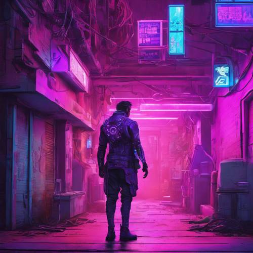 Mężczyzna z cybernetycznym ramieniem świecącym na fioletowo w neonach obskurnej kliniki w zaułku.