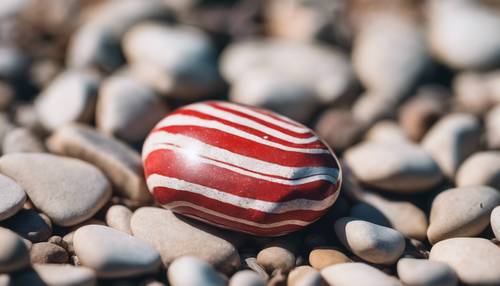 A close-up of a red and white striped pebble.