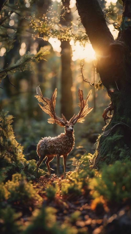 Una foresta magica e fantastica, bagnata dalla luce del sole al tramonto, con varie creature mitiche che vivono la loro giornata.