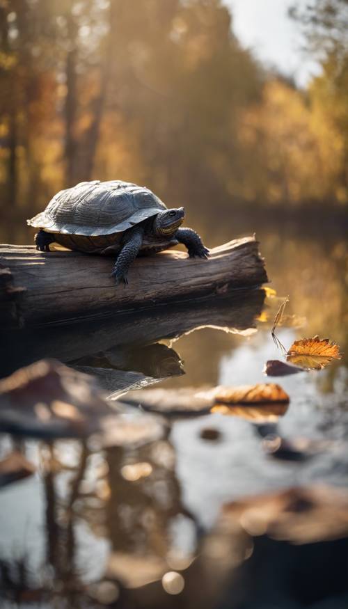 A snapping turtle, basking in the autumn sun on a log that is floating on a calm pond.