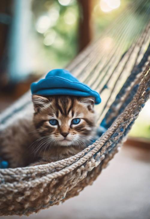 Un adorabile gattino preppy che fa un pisolino su una comoda amaca, indossando un simpatico berretto blu.