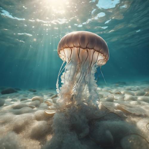 Una medusa azul bajo la impresionante luz del sol del océano, su cuerpo brillando con la luz reflejada.