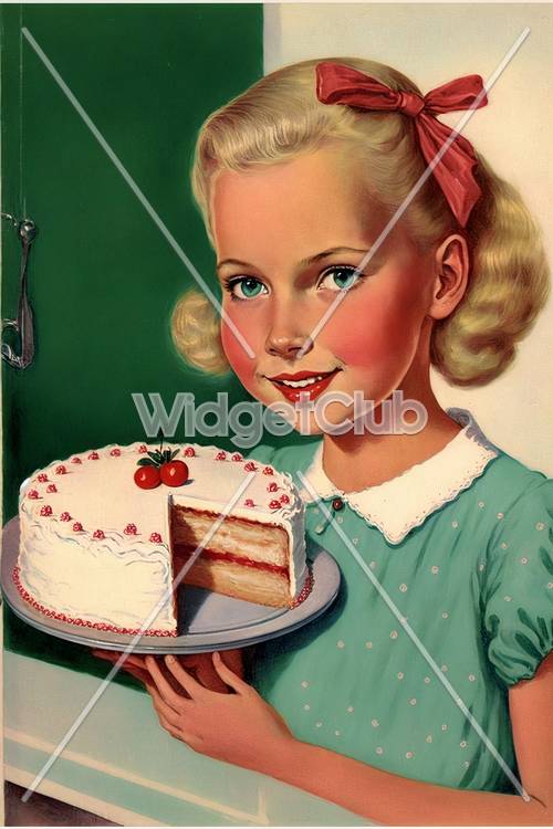ヴィンテージ風の女の子が誕生日ケーキを持つ壁紙