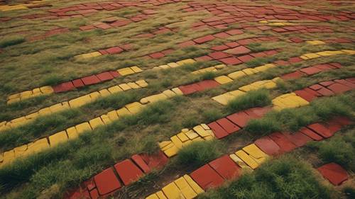 A bird's eye view of a red and yellow brick road weaving through a meadow.