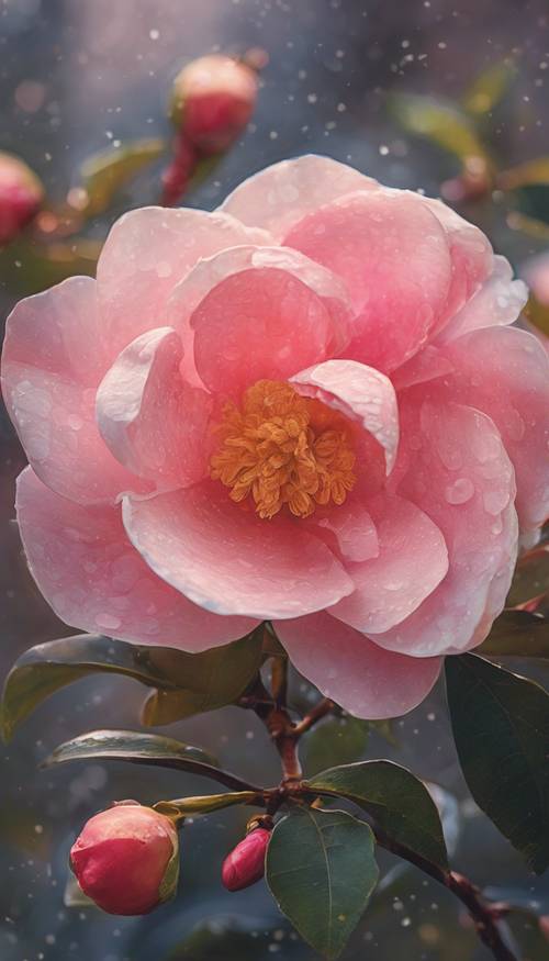 A camellia flower painting, done in the style of impressionist art. Tapet [d3060f1b2fc349d2a53a]