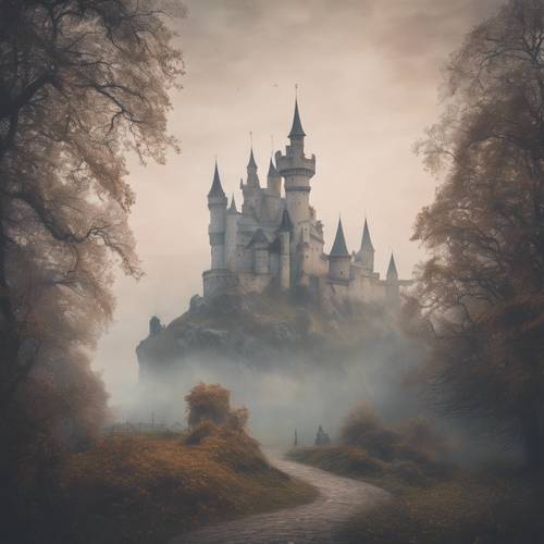 一座梦幻的童话城堡，笼罩在晨雾中，上面刻着天秤座的鳞片。